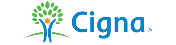 A green background with the word cigna in blue letters.