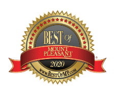 A red ribbon is on top of the best of mount pleasant award.