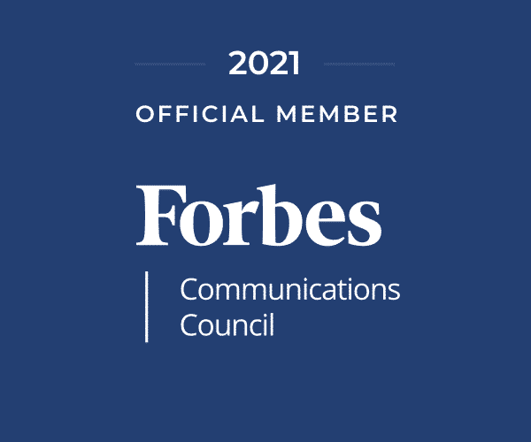 A blue badge with the words " official member forbes communications council 2 0 2 1 ".